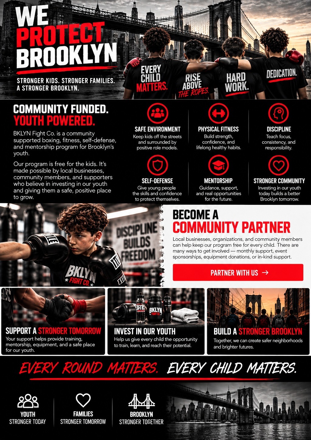 We Protect Brooklyn Community Funded page with four youth shirts reading Every Child Matters, Rise Above the Ropes, Hard Work, and Dedication.